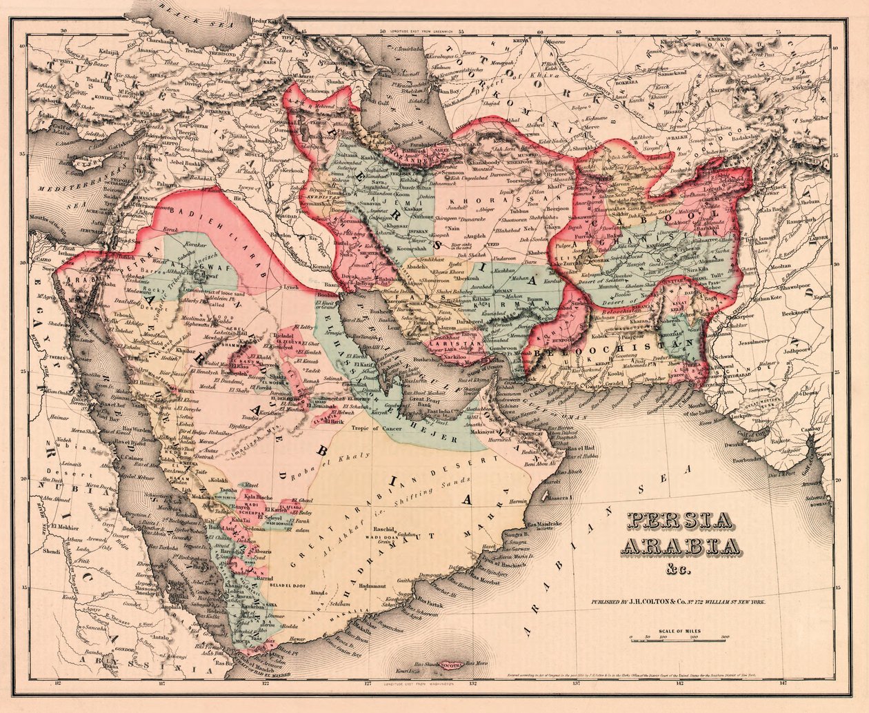 Mellemøsten i midten af det 19. århundrede, fra Coltons General Atlas, udgave af 1857 (håndkoloreret gravering) af American School