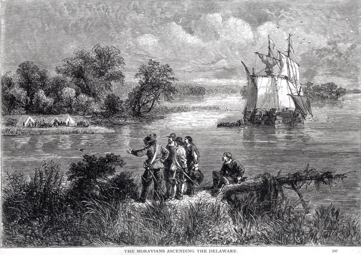 The Moravians Ascending the Delaware, fra "The Romance and Tragedy of Pioneer Life", af Augustus L. Mason, 1883 af American School
