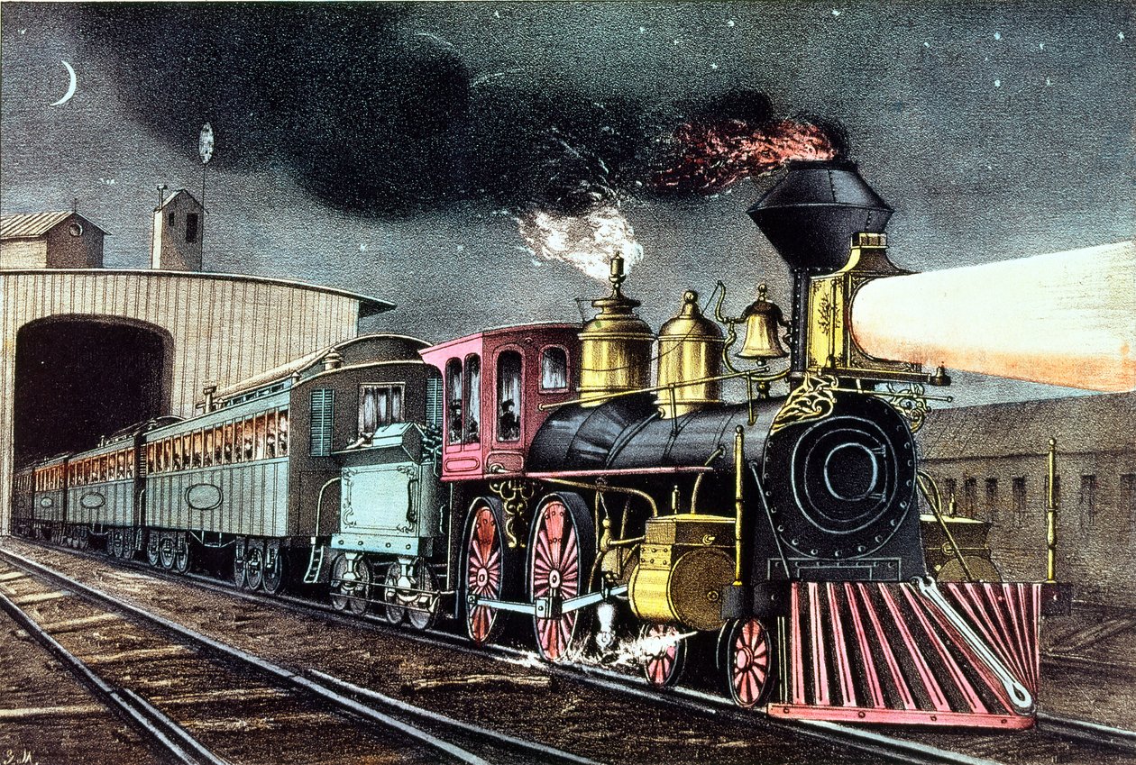 The Night Express: The Start, udgivet af Nathaniel Currier (1813-88) og James Merritt Ives (1824-95) af American School