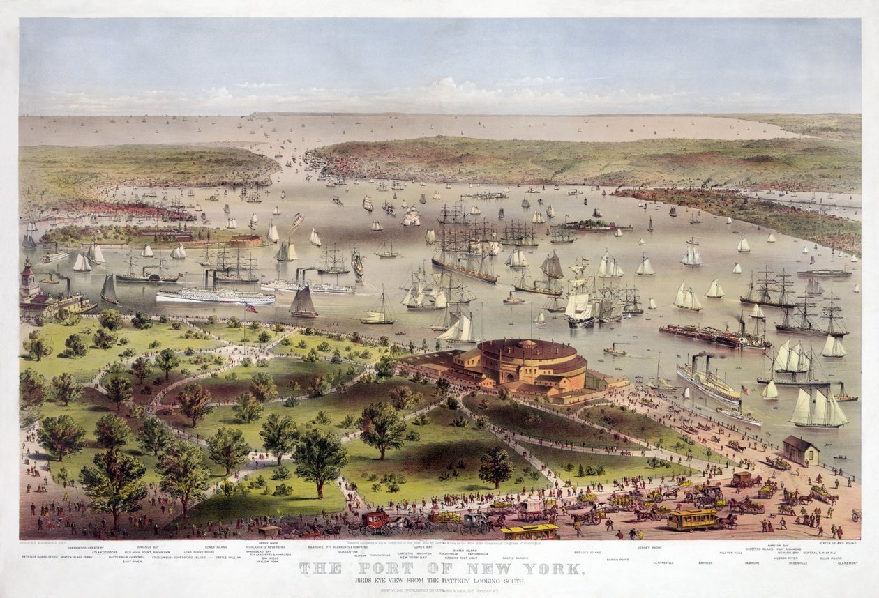 The Port of New York: Birds Eye View from the Battery, ser mod syd, pub. 1862 (farvelitografi) af American School