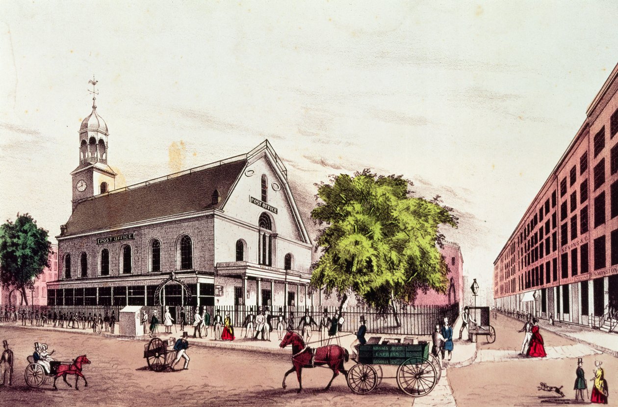 The Post Office, New York, indgraveret af Nathaniel Currier (1813-88) af American School