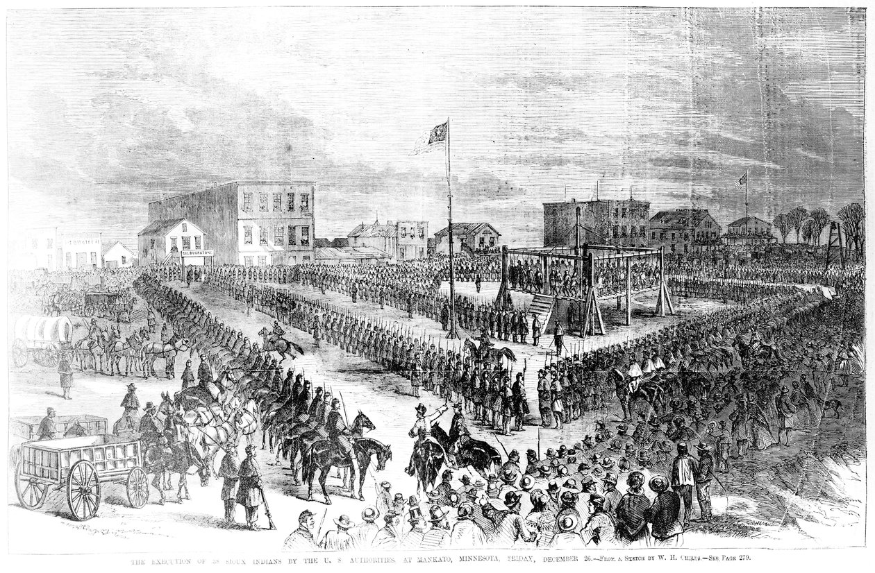 De amerikanske myndigheders henrettelse af Sioux-indianere i Mankato, Minnesota fredag den 26. december 1862 fra Frank Leslies Illustrated Newspaper, 24. januar 1863 af American School