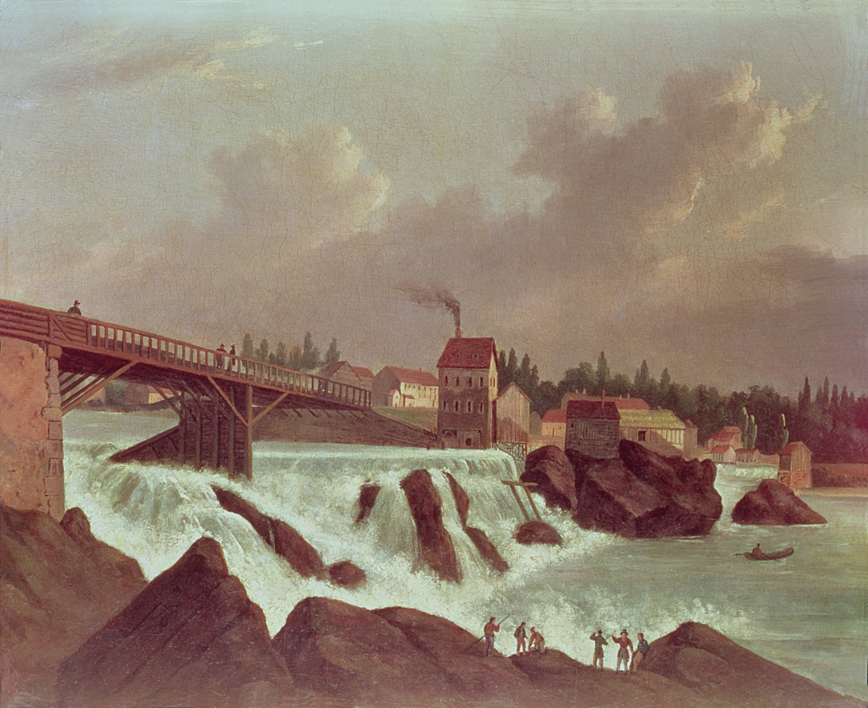 Den første bomuldsmølle i Amerika, etableret af Samuel Slater ved Blackstone River ved Pawtucket, Rhode Island, ca. 1790 af American School