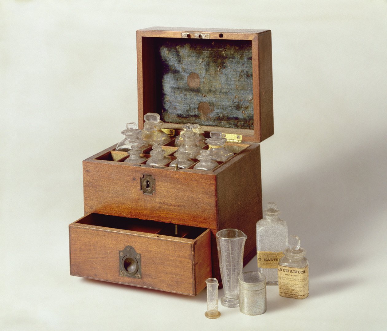 Rejsende medicinkiste, ca. 1800 (træ) af American School