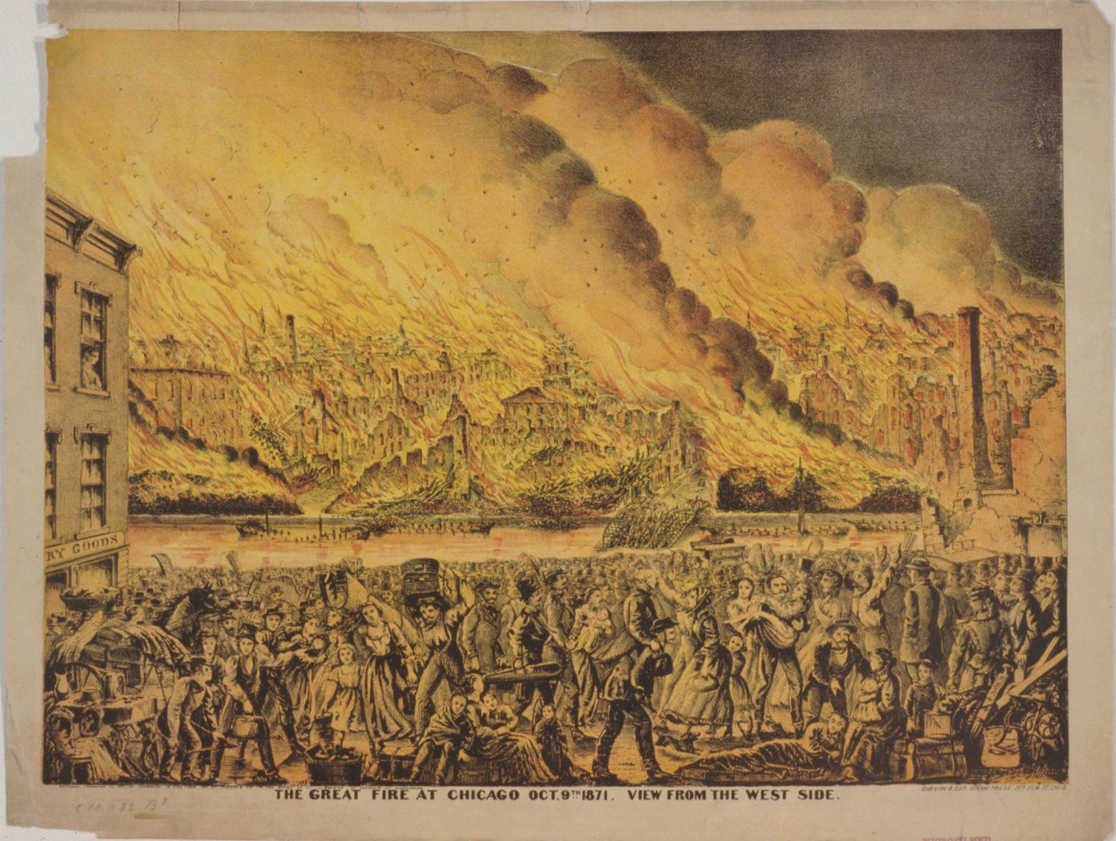 Udsigt over den store brand i Chicago, 9. oktober 1871, fra West Side af American School