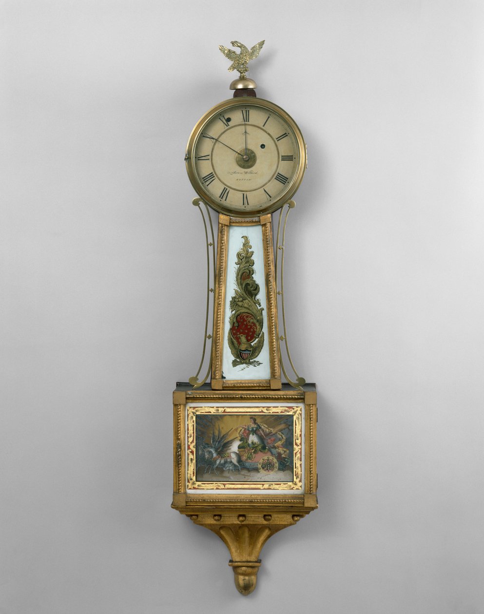 Vægur, fra butikken hos Aaron Willard Sr., eller Aaron William Jr., Boston, 1802-30 (forgyldt esternfyr, basewood, mahogni og sort kirsebær) af American School