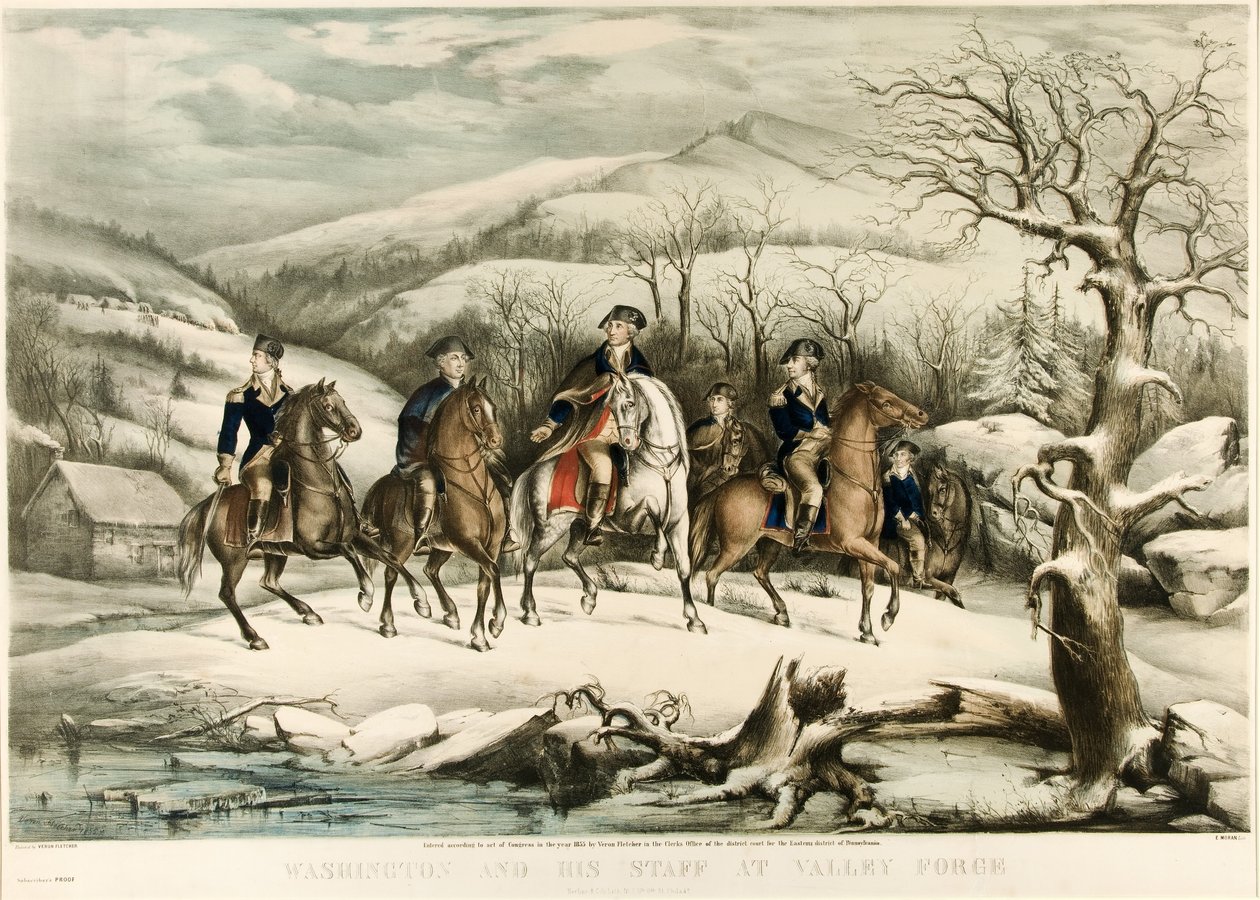 Washington og hans personale i Valley Forge, pub. 1855 af American School