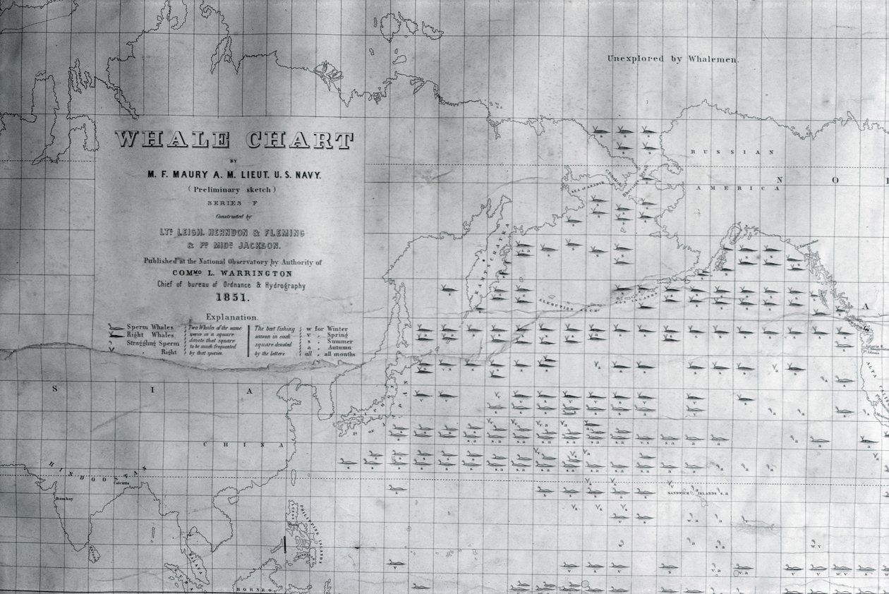 Hvalkort over det nordlige Stillehav, 1851 af American School