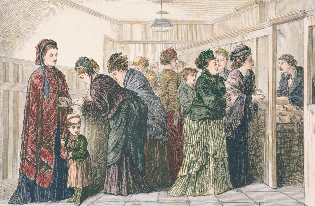 Kvinder på aviskontoret placerer annoncer for arbejde, New York, 1874 af American School