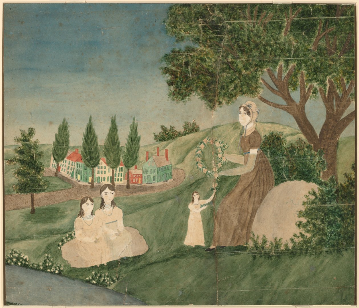 Mor og tre børn laver en blomsterkrans af American 19th Century