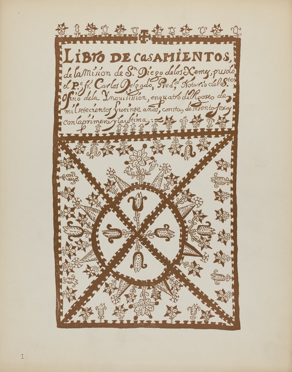 Plade 1: Jemez Book of Marriages: Fra porteføljen "Spanske koloniale designs i New Mexico" af American 20th Century
