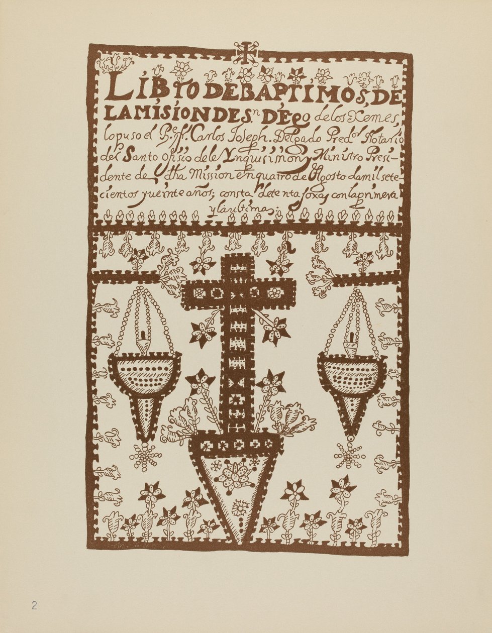 Plade 2: Jemez Book of Baptisms: Fra porteføljen "Spanske koloniale designs i New Mexico" af American 20th Century