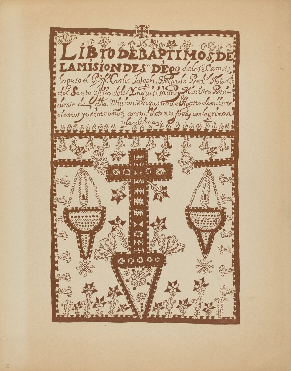 Plade 2: Jemez Book of Baptisms: Fra porteføljen "Spanske koloniale designs i New Mexico" af American 20th Century