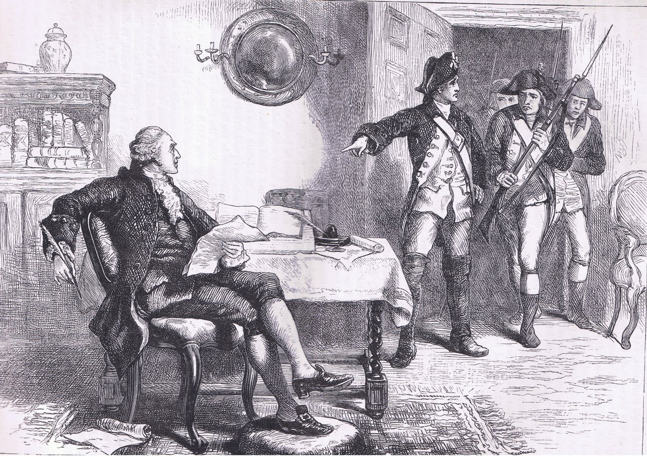 Arrestation of William Franklin, illustration fra Cassells History of the United States udgivet af Cassell, Petter & Galpin, ca. 1900 (litho) af American English school