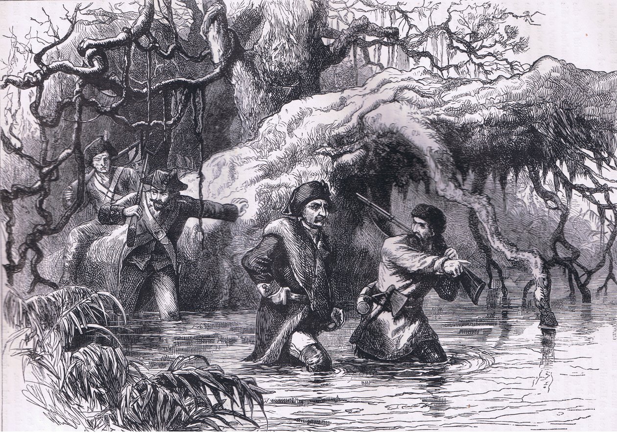 Clarke og hans soldater krydser Wabash, illustration fra Cassells History of the United States udgivet af Cassell, Petter & Galpin, ca. 1900 (litho) af American English school