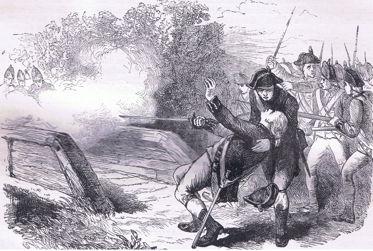 Death of Isaac Davis, illustration fra Cassells History of the United States udgivet af Cassell, Petter & Galpin, ca. 1900 (litho) af American English school