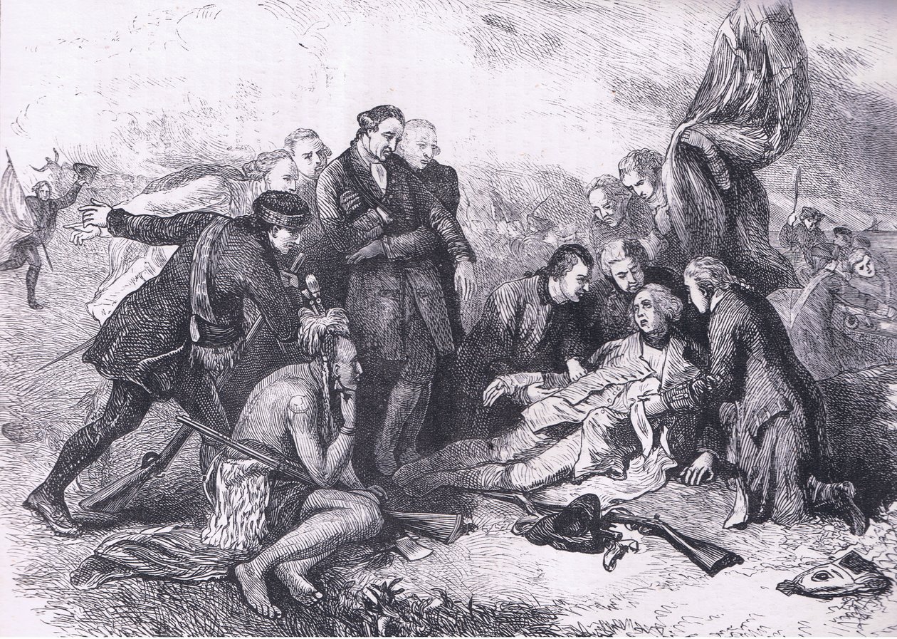 Death of Wolfe, illustration fra Cassells History of the United States udgivet af Cassell, Petter & Galpin, ca. 1900 (litho) af American English school