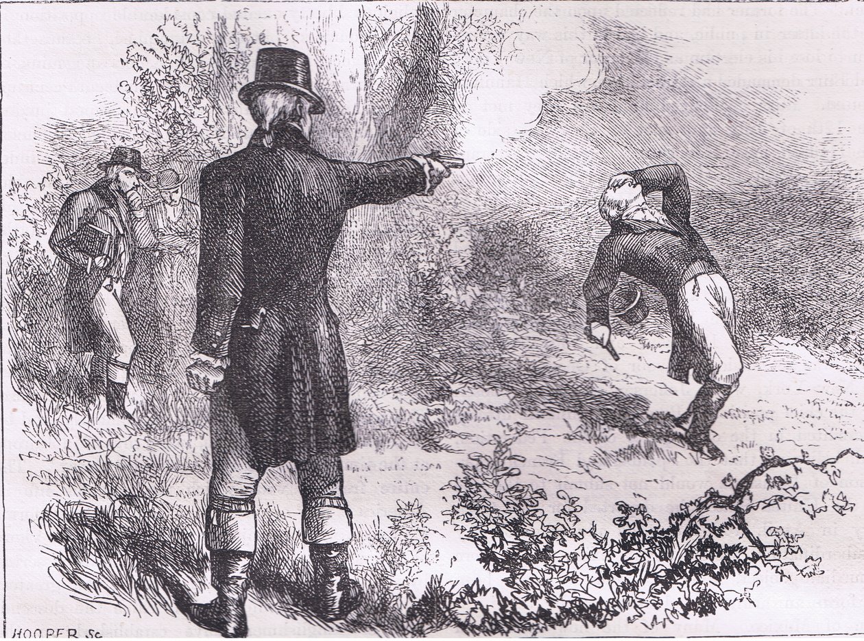 Duel mellem Burr og Hamilton, illustration fra Cassells History of the United States udgivet af Cassell, Petter & Galpin, ca. 1900 (litho) af American English school