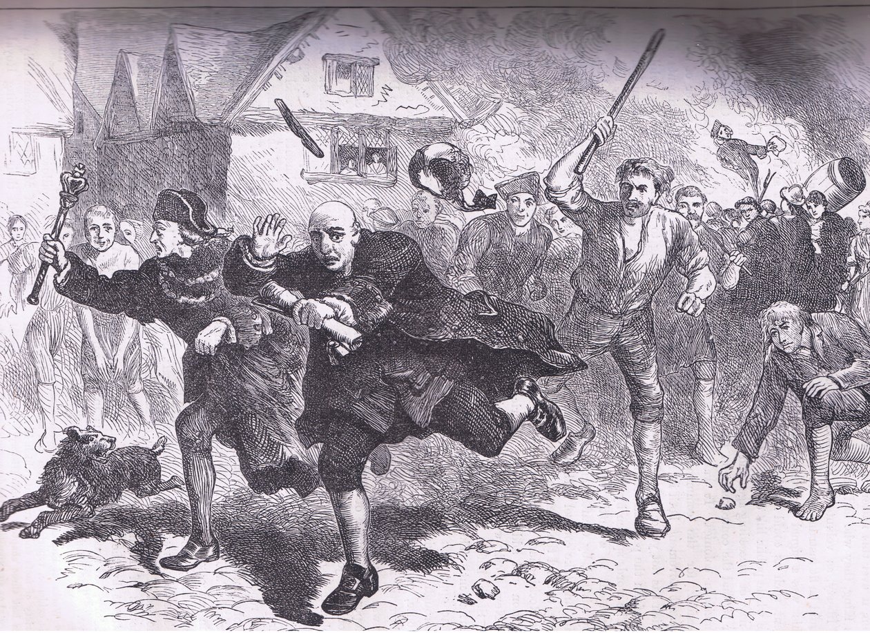 Flight of Hutchinson before the rioters 1766, illustration fra Cassells History of the United States udgivet af Cassell, Petter & Galpin, ca. 1900 af American English school
