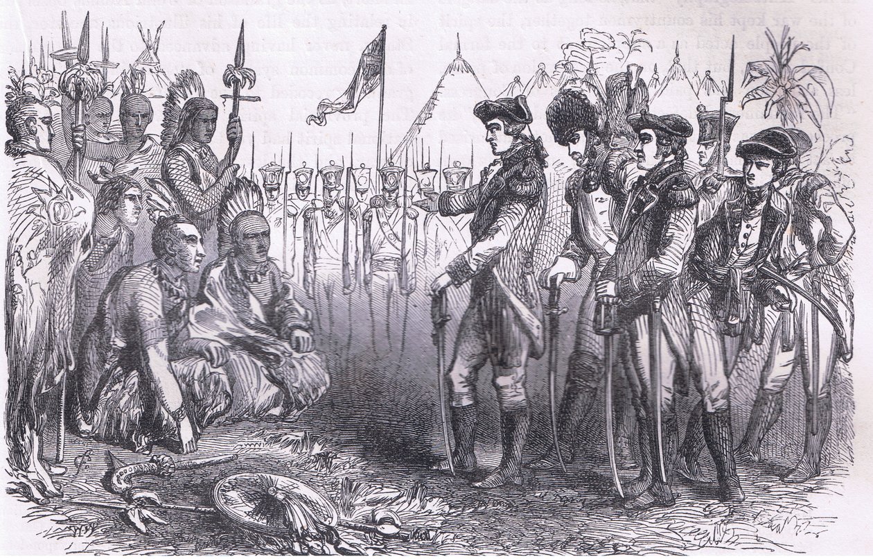 General Burgoyne taler til indianerne, illustration fra Cassells History of the United States udgivet af Cassell, Petter & Galpin, ca. 1900 (litho) af American English school