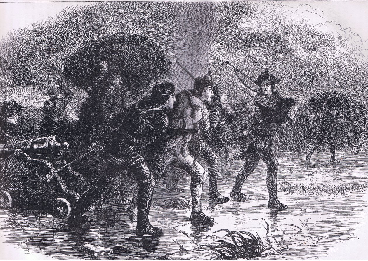 Night Maoeuvres of the Americans at Boston, illustration fra Cassells History of the United States udgivet af Cassell, Petter & Galpin, ca. 1900 (litho) af American English school