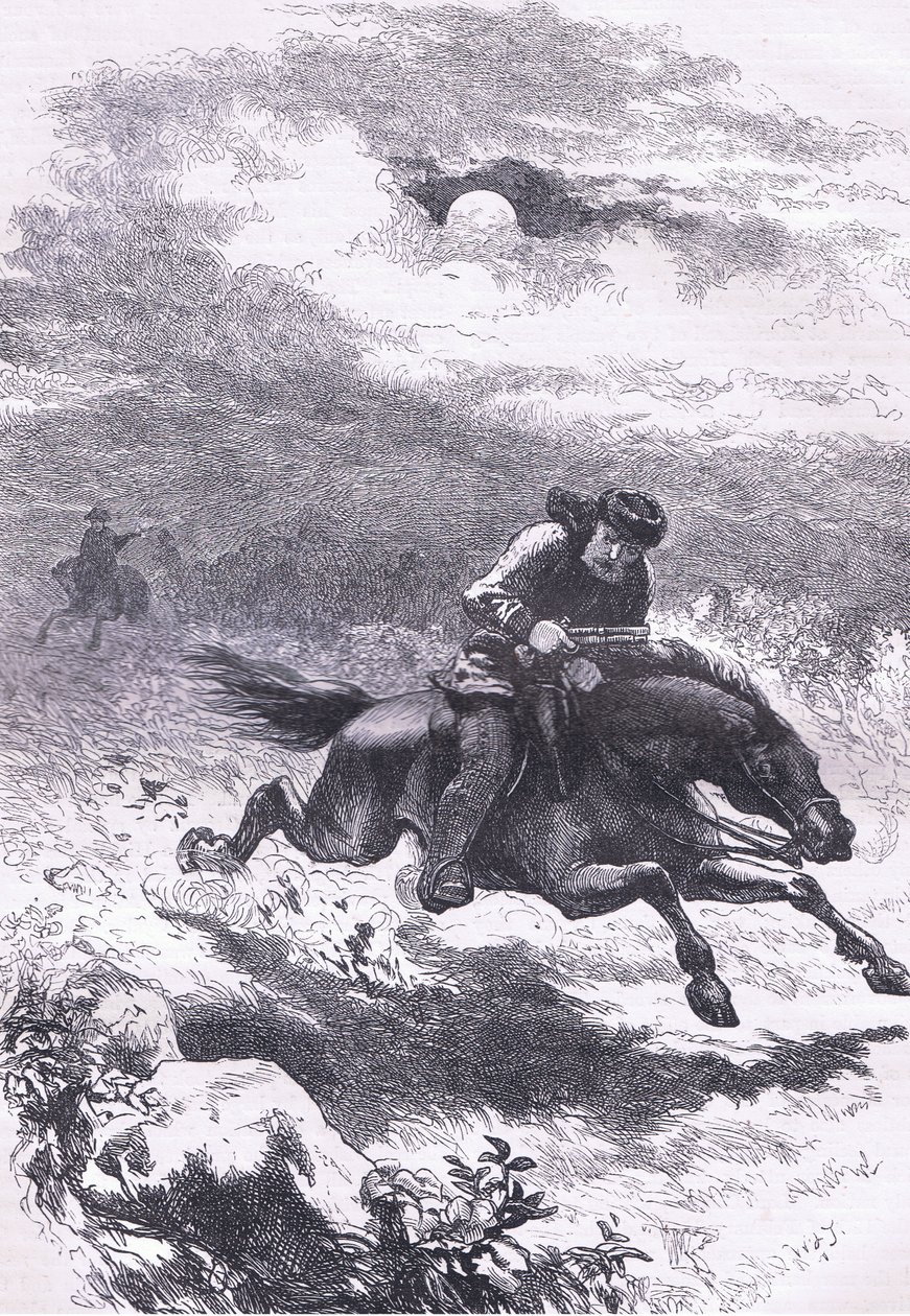 Pursuit of Paul Revere the scout, illustration fra Cassells History of the United States udgivet af Cassell, Petter & Galpin, ca. 1900 (litho) af American English school