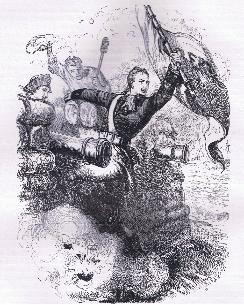 Sergent Jasper genfinder flaget, illustration fra Cassells History of the United States udgivet af Cassell, Petter & Galpin, ca. 1900 (litho) af American English school