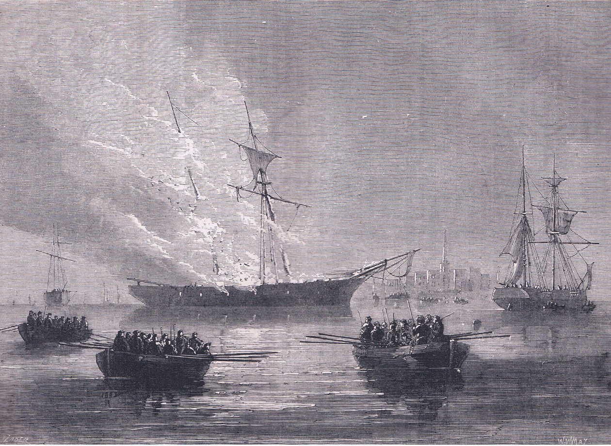 The burning of Gaspe, illustration fra Cassells History of the United States udgivet af Cassell, Petter & Galpin, ca. 1900 (litho) af American English school