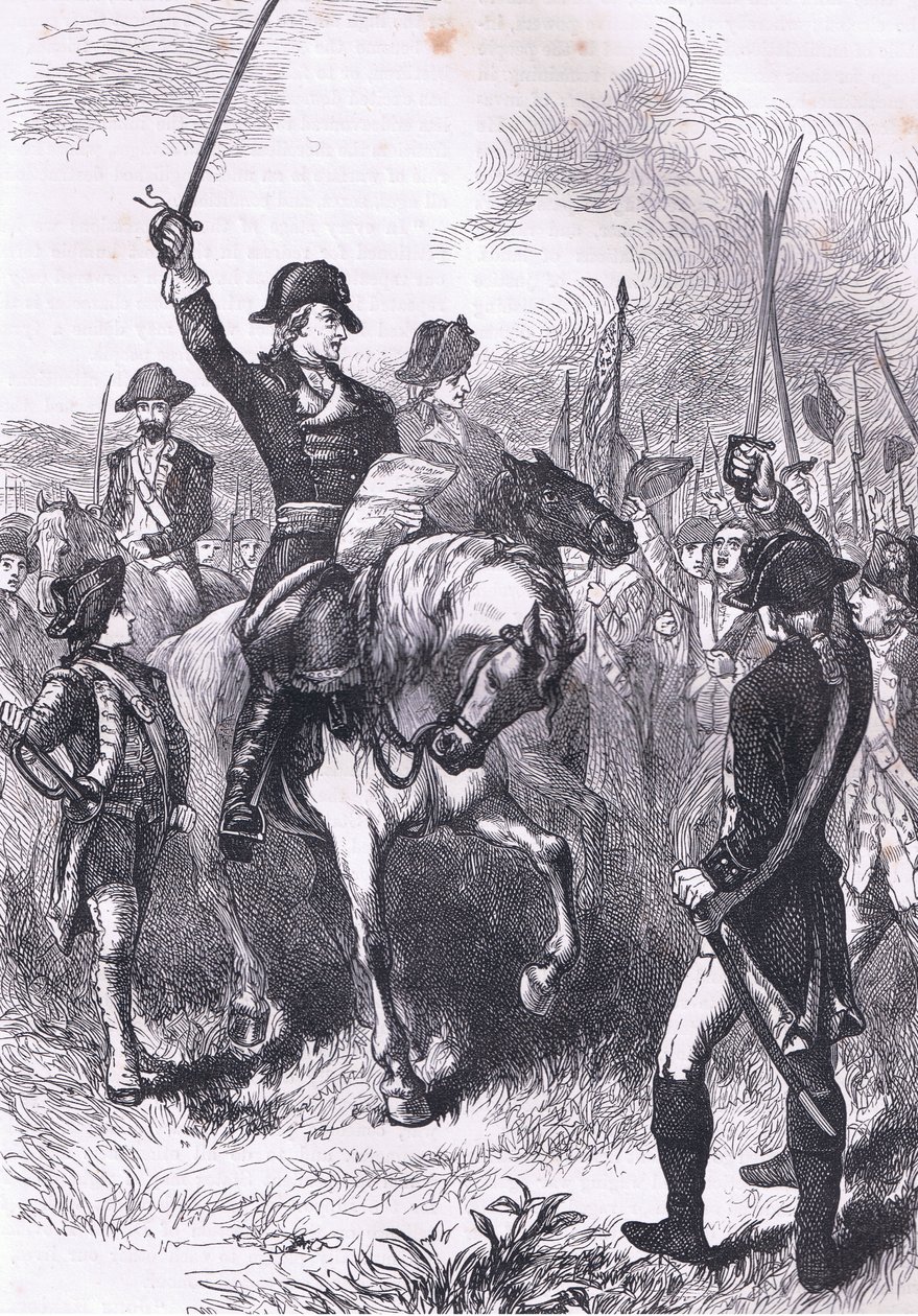 Uafhængighedserklæringen læst for hæren, illustration fra Cassells History of the United States udgivet af Cassell, Petter & Galpin, ca. 1900 (litho) af American English school