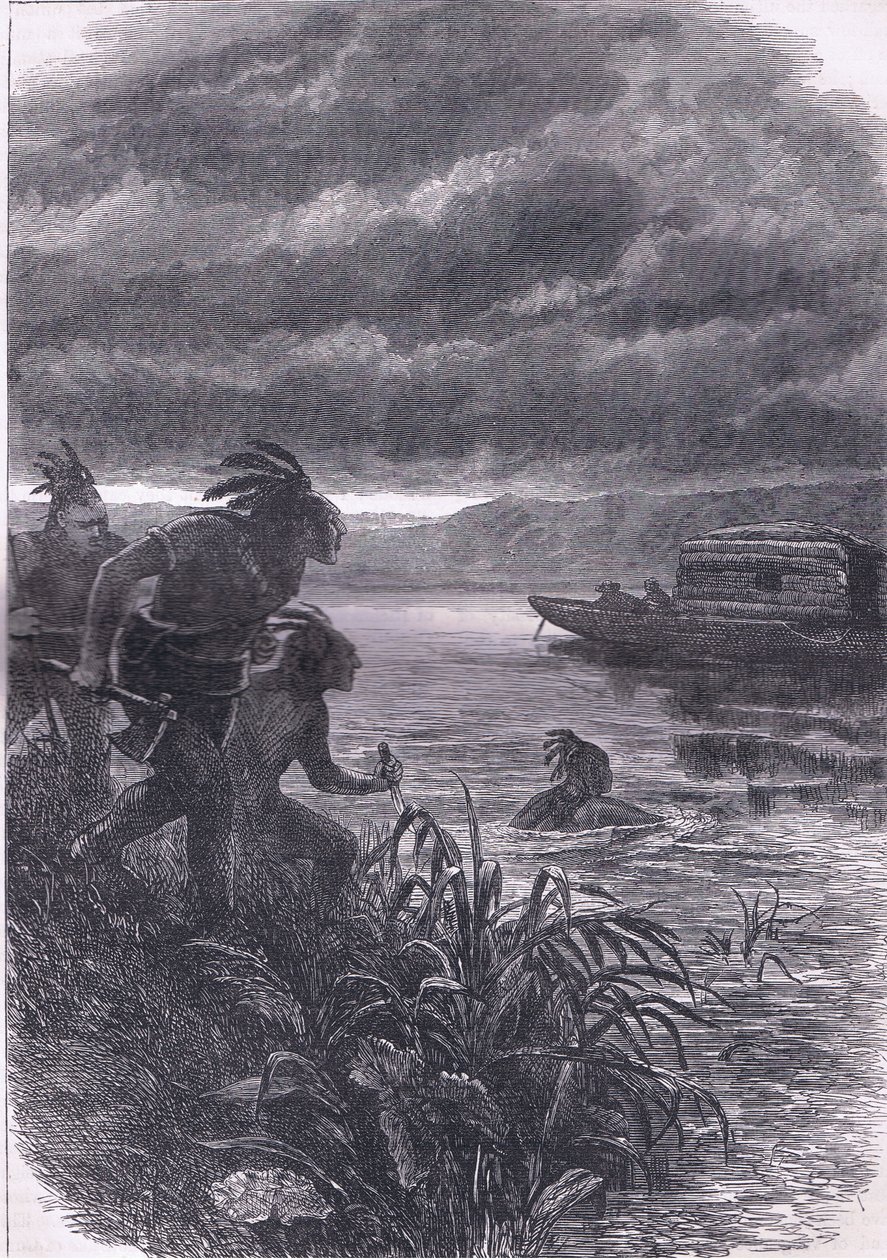 Handlende på Ohio angrebet af vilde, illustration fra Cassells History of the United States udgivet af Cassell, Petter & Galpin, ca. 1900 (litho) af American English school