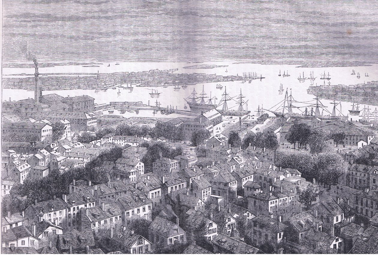View of Boston af Bunkers Hill, illustration fra Cassells History of the United States udgivet af Cassell, Petter & Galpin, ca. 1900 (litho) af American English school