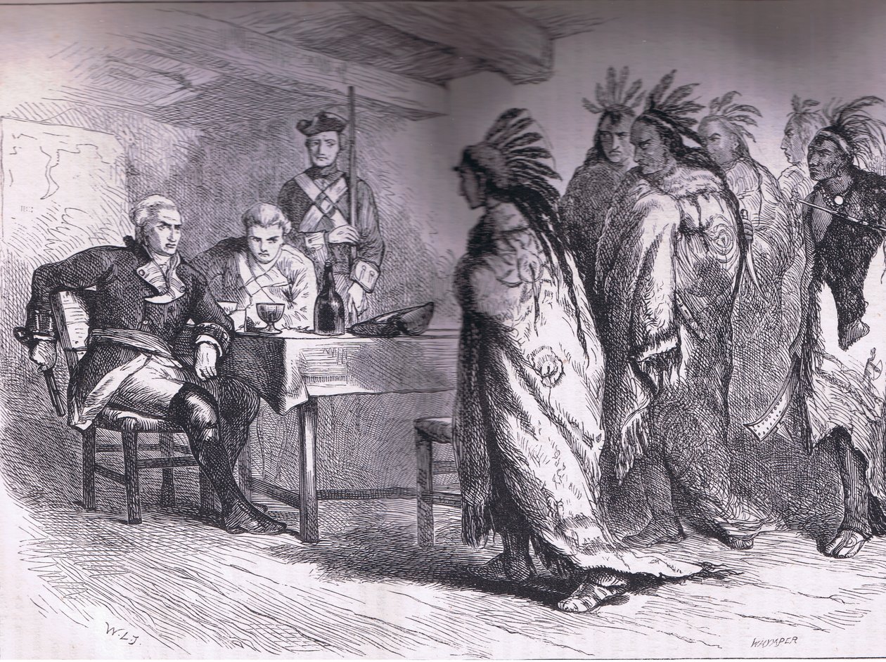 Besøg af Pontiac og indianerne hos major Gladwin 1763, illustration fra Cassells History of the United States udgivet af Cassell, Petter & Galpin, ca. 1900 (litho) af American English school