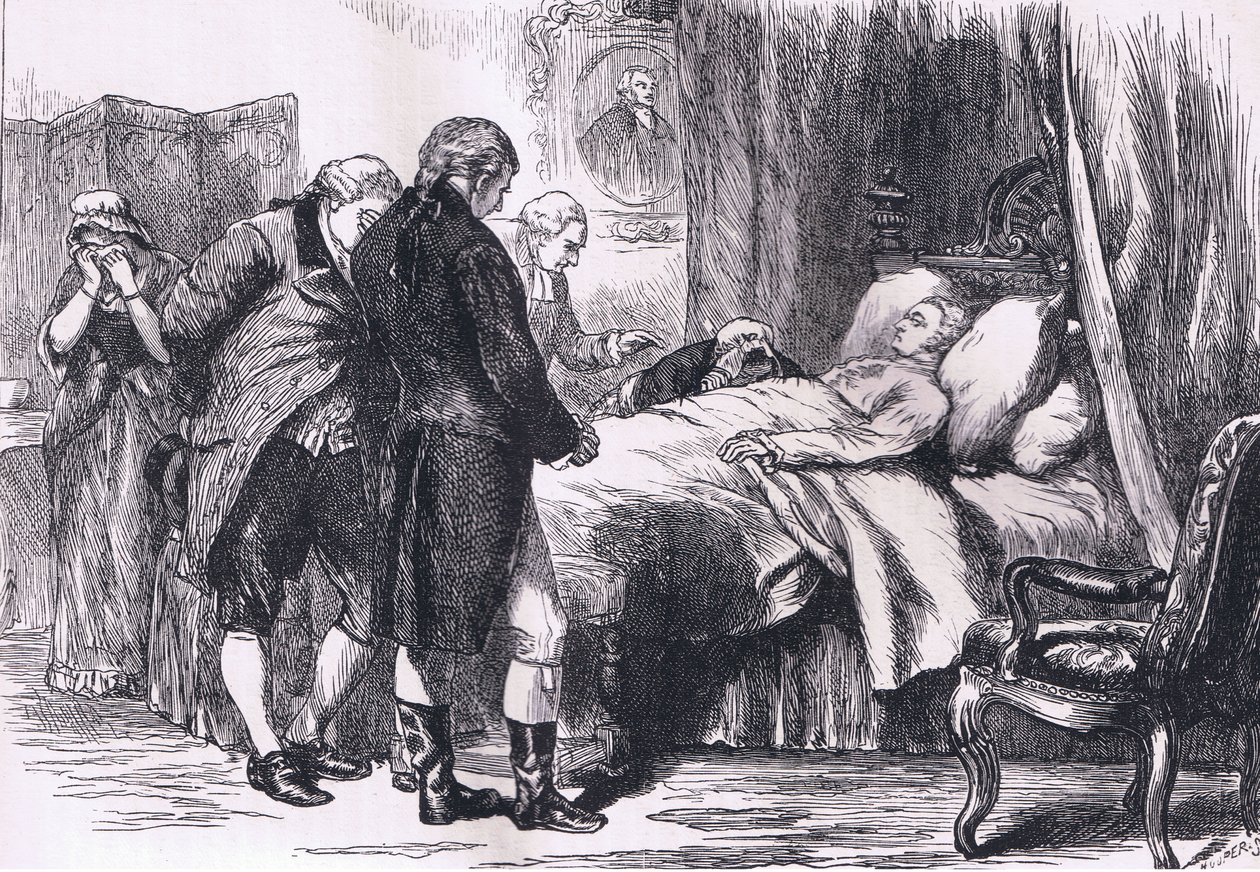 Washington på dødslejet, illustration fra Cassells History of the United States udgivet af Cassell, Petter & Galpin, ca. 1900 (litho) af American English school
