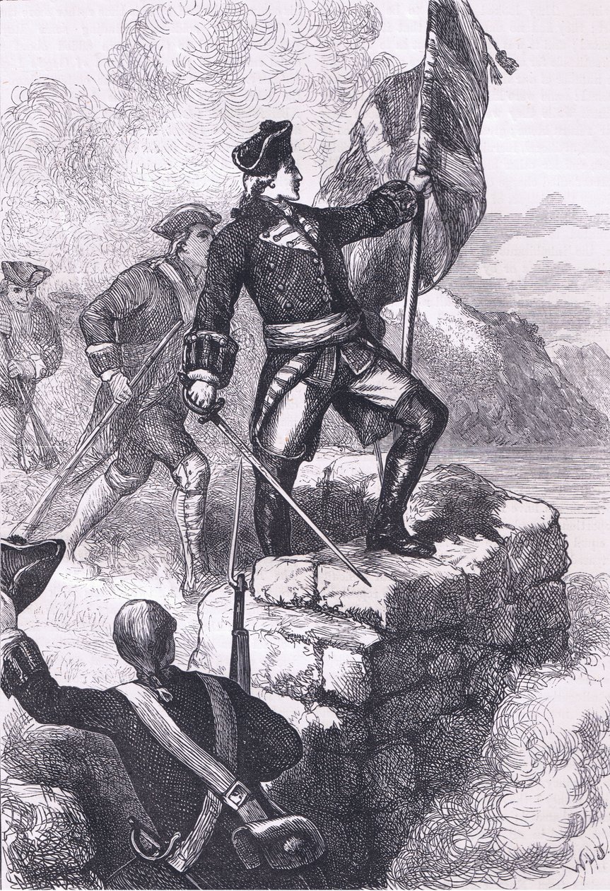 Washington planter det britiske flag ved Fort Duquesne, illustration fra Cassells History of the United States udgivet af Cassell, Petter & Galpin, ca. 1900 (litho) af American English school