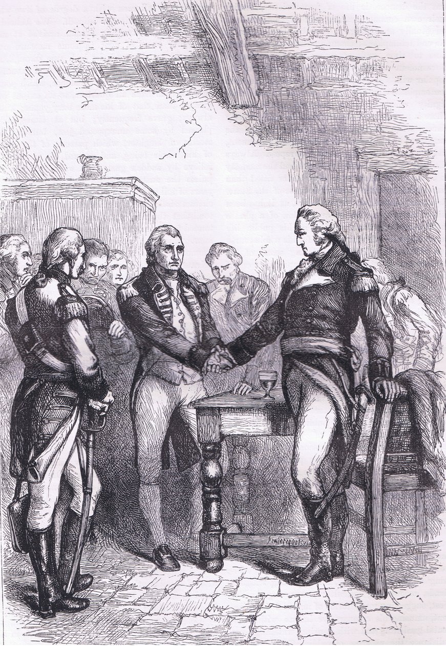 Washington tager afsked med sine gamle kammerater, illustration fra Cassells History of the United States udgivet af Cassell, Petter & Galpin, ca. 1900 (litho) af American English school