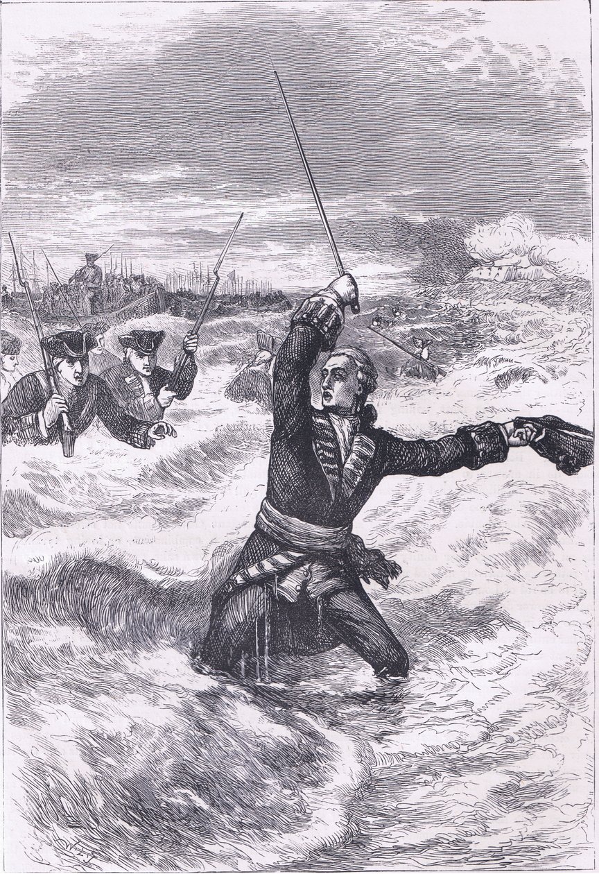Wolfe lander ved Louisburg, illustration fra Cassells History of the United States udgivet af Cassell, Petter & Galpin, ca. 1900 (litho) af American English school
