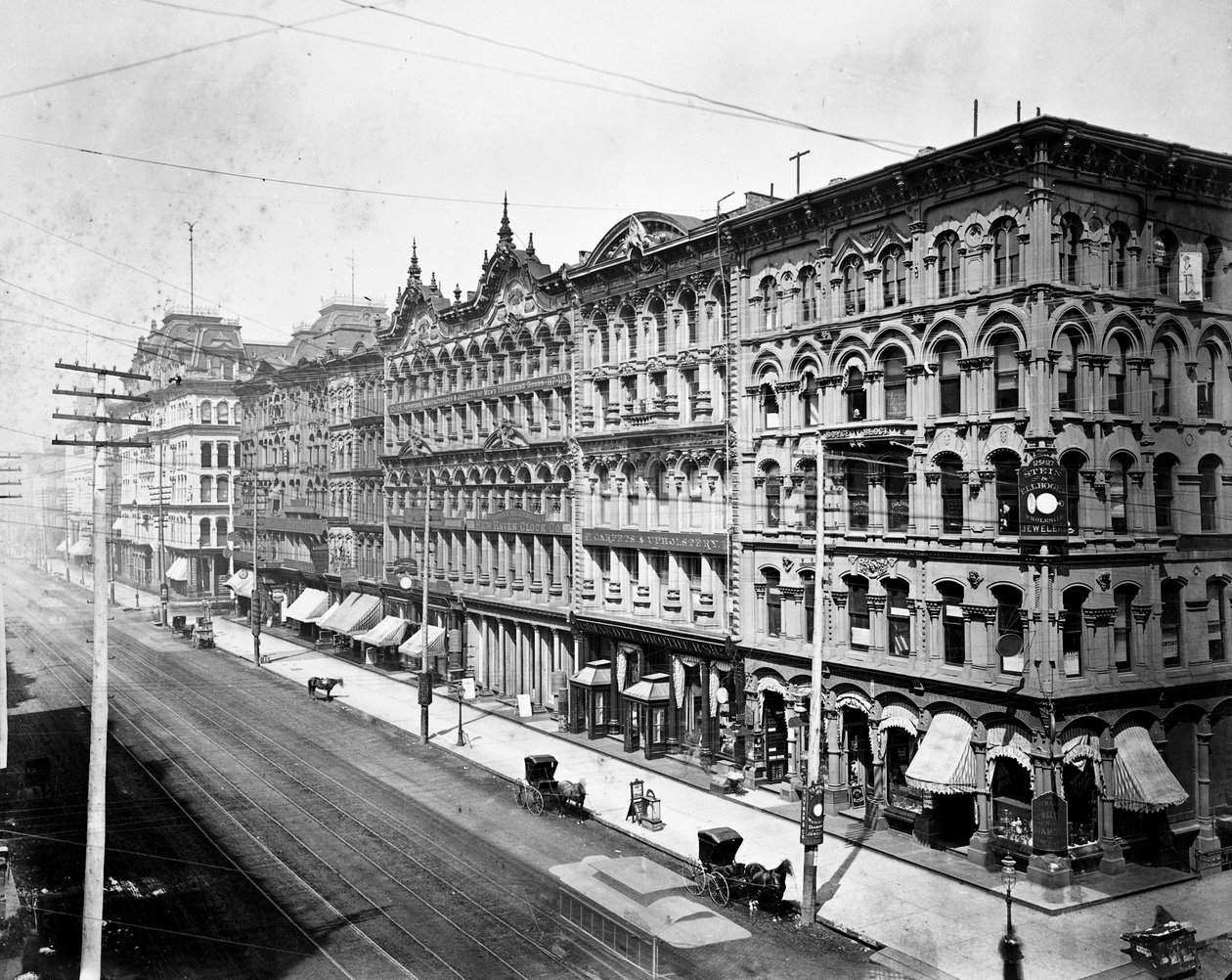 Østsiden af State Street ser mod nord fra Madison Street, Chicago, ca. 1878 af American Photographer
