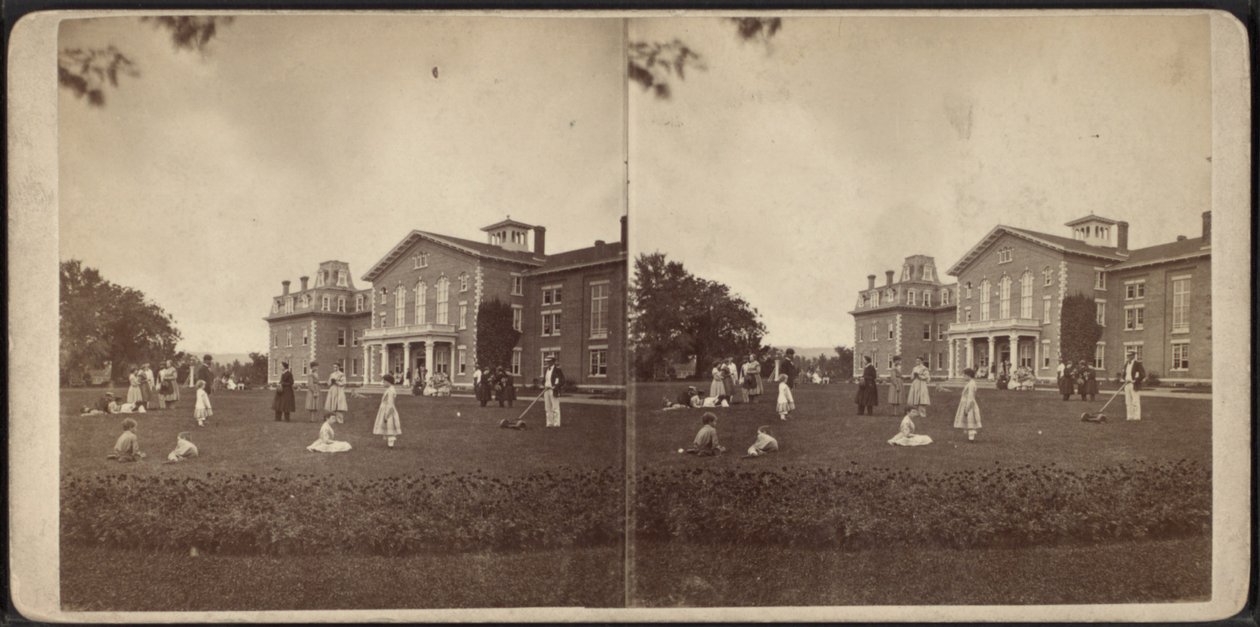 Forsiden af palæet og græsplænen, Oneida Community, New York State, ca. 1870 af American Photographer