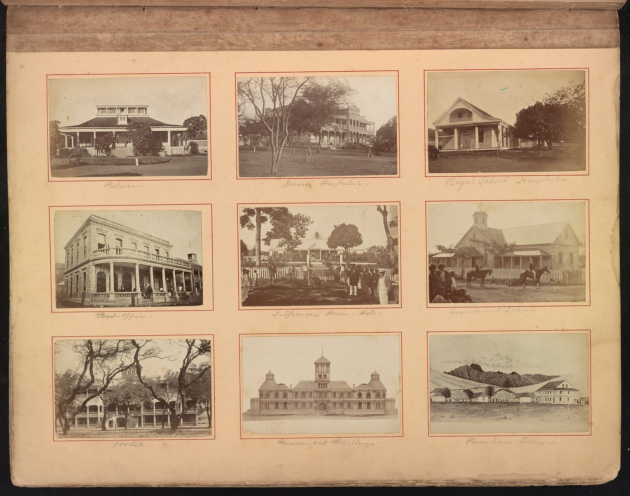 Hawaii album, s. 12, skoler og andre bygninger, herunder Dronningens Hospital (øverst i midten), ca. 1880 (albumin print) af American Photographer