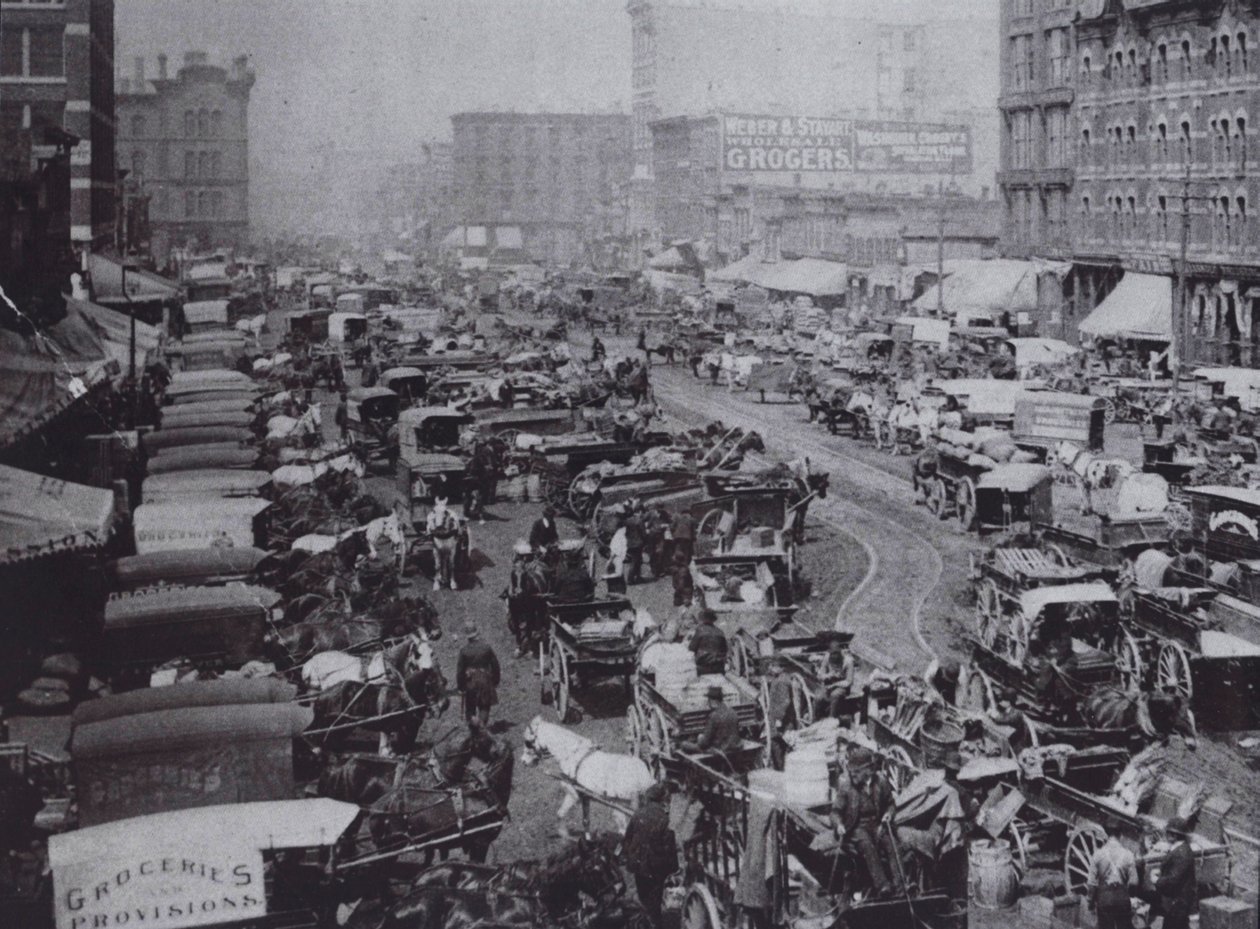 Haymarket Square fyldt med hestevogne, Chicago af American Photographer