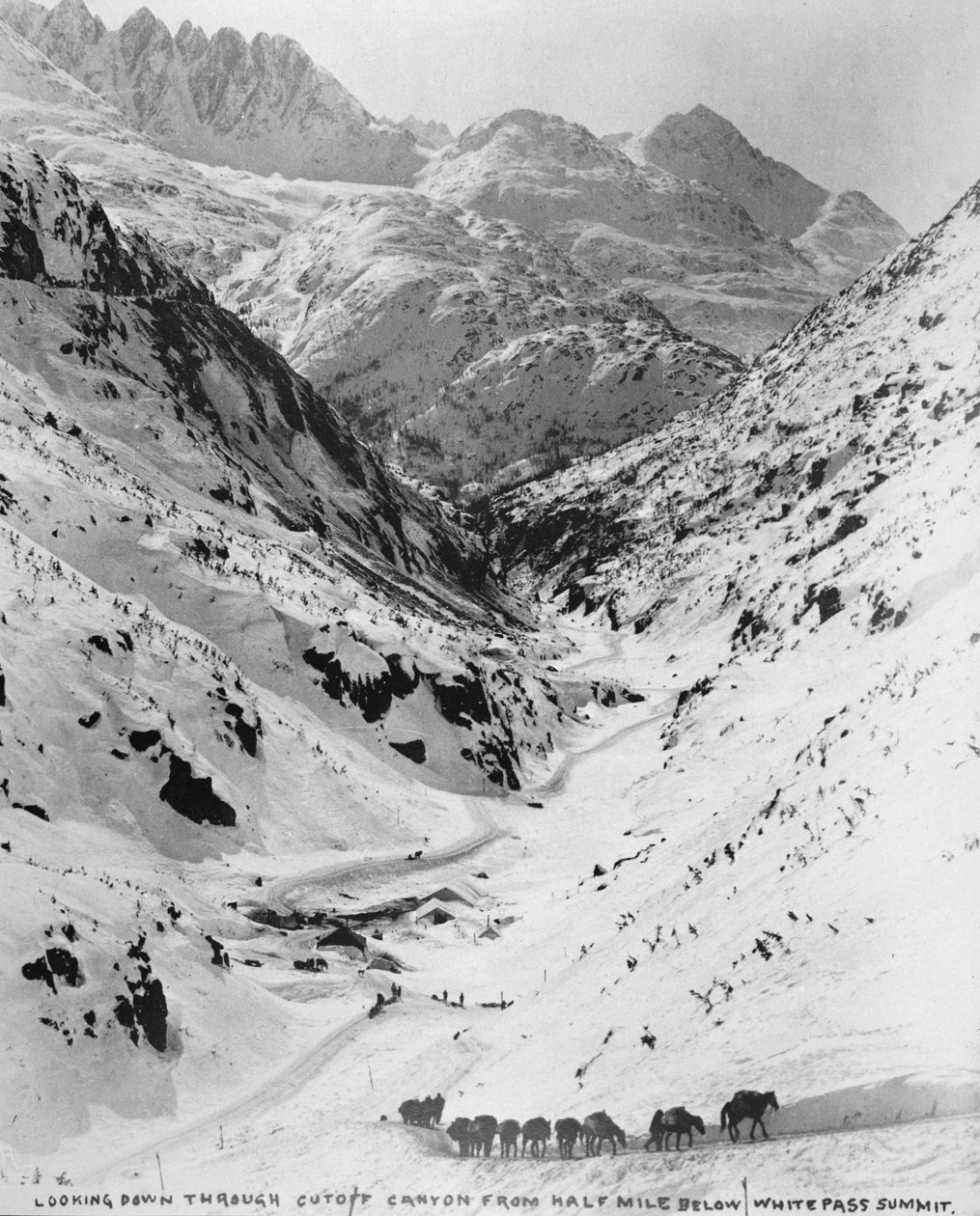 Ser ned gennem Cutoff Canyon fra en halv mil under White Pass Summit, under klondike Gold Rush (1817-98) 1898 (s/h foto) af American Photographer
