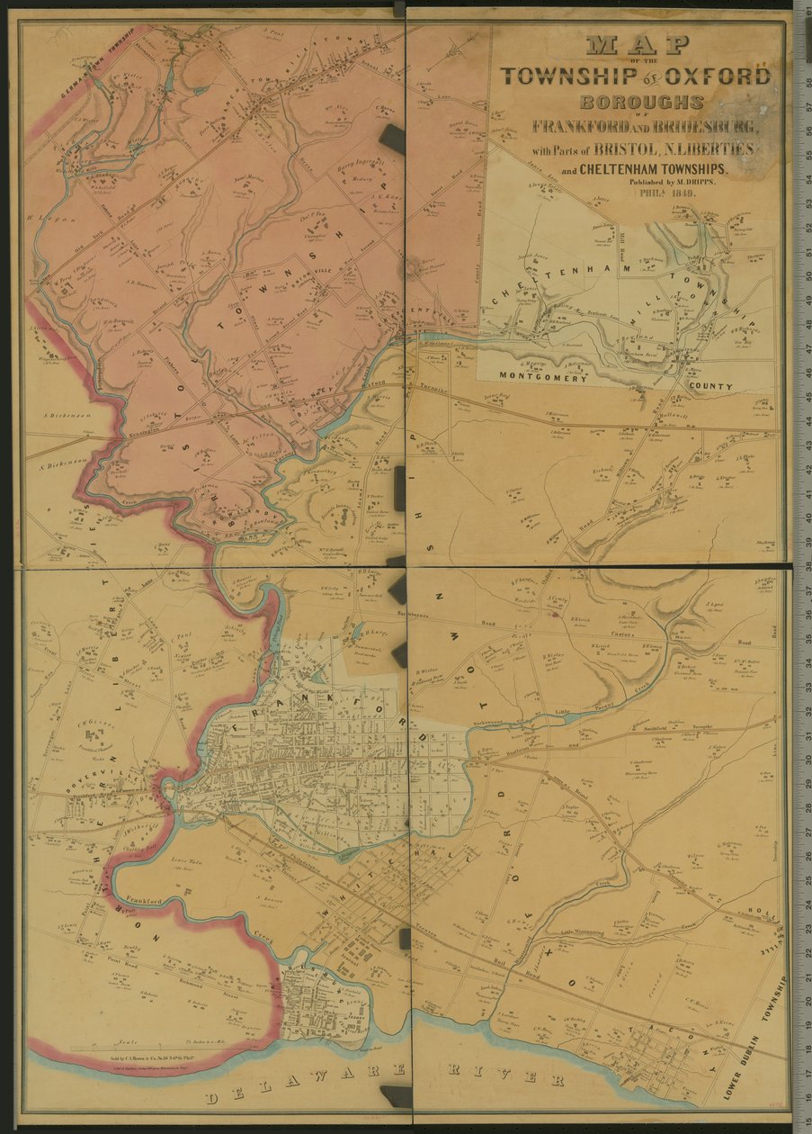 Kort over Township of Oxford, Boroughs of Frankford & Bridesburg med dele af Bristol, N. Liberties og Cheltenham Townships, 1849 af American Photographer