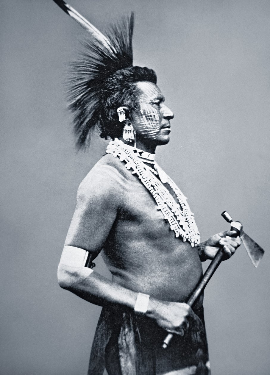 Osage Tribe Warrior med tomahawk-pibe, ca. 1875 (s/h-foto) af American Photographer