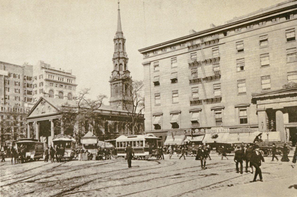 St Pauls Chapel og Astor House, ved City Hall Park, New York City, 1892 af American Photographer