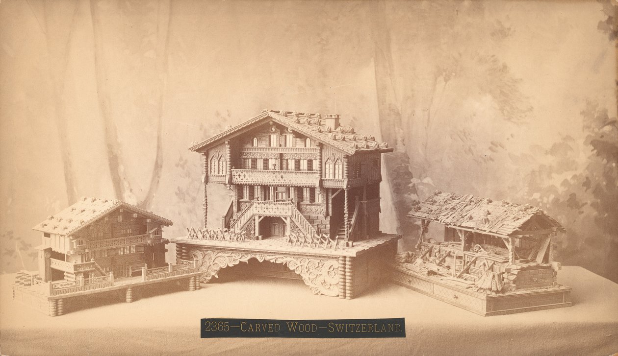 Schweiziske hytter, udskårne modeller, Philadelphia Centennial International Exhibition, 1876 (sølvalbumin-tryk) af American Photographer