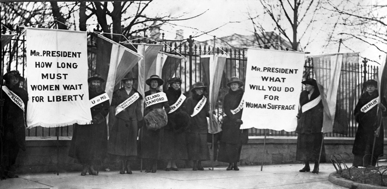 Kvindelige suffragister markerer sig foran Det Hvide Hus, Washington DC, pub. 1917 af American Photographer