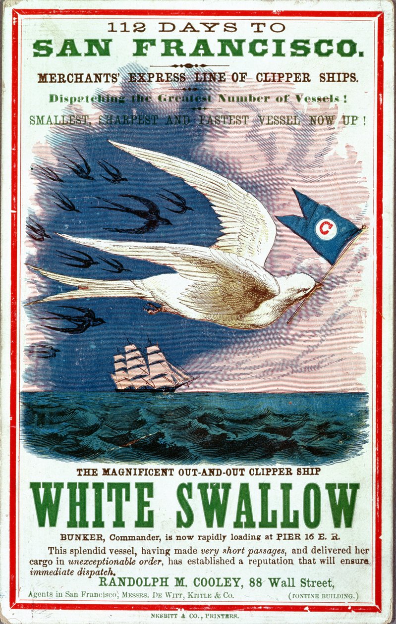112 Days to San Francisco plakatreklame Merchants Express Line of Clipper Ships, White Swallow af American School