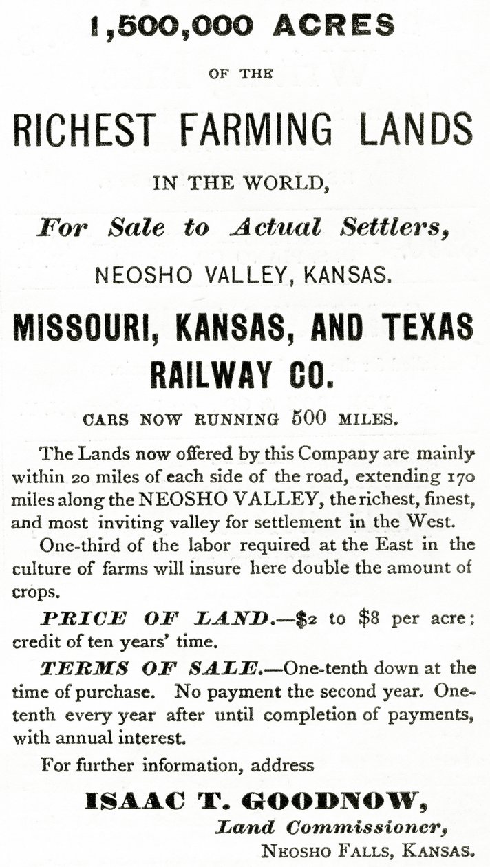 1.500.000 Acres af de rigeste landbrugslande i verden, i Neosho Valley, Kansas, annonce fra Appletons Journal, 4. maj 1872 af American School