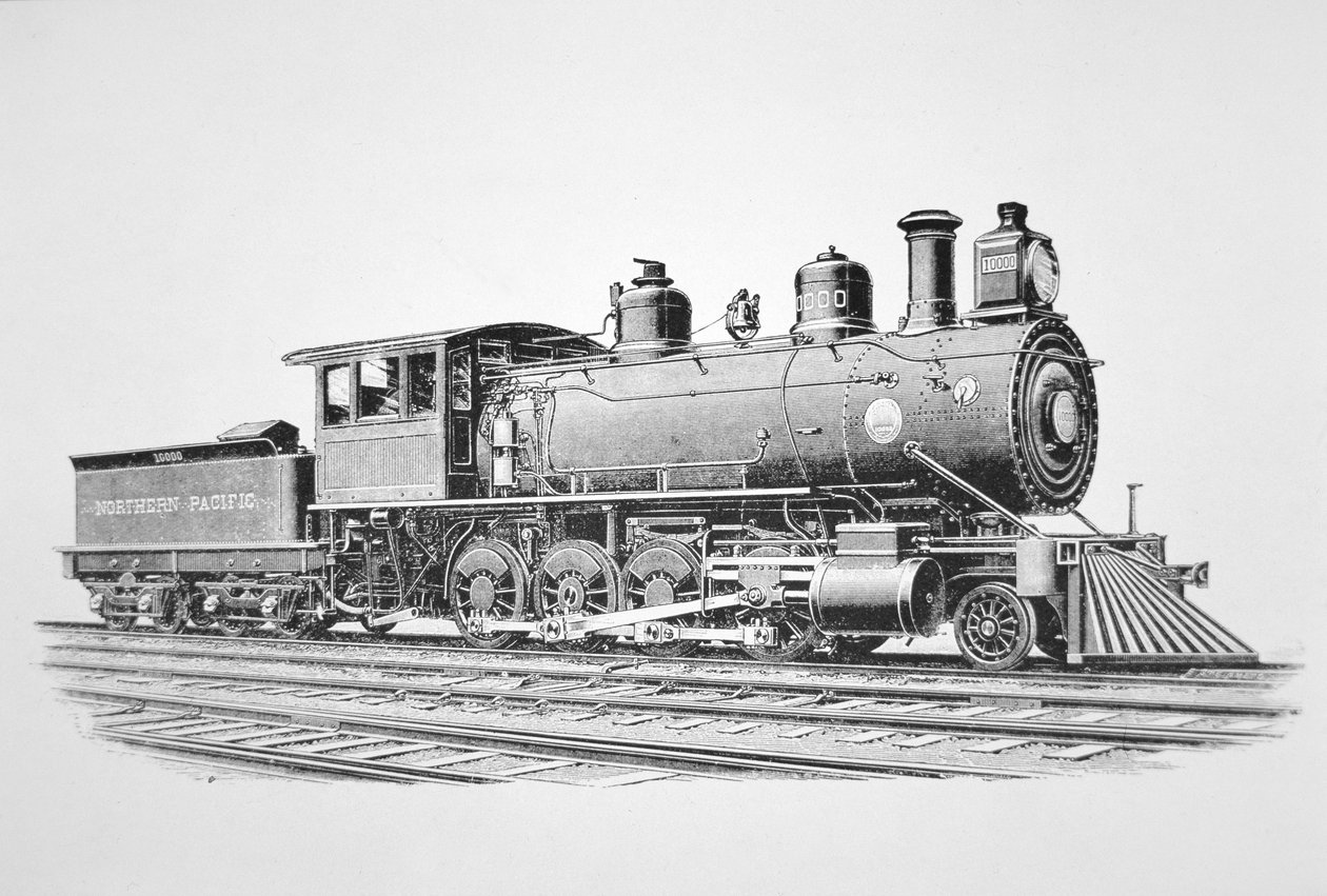 Et 2-8-0 Consolidation type lokomotiv bygget af Baldwin i juni 1889 til Northern Pacific Railway (litho) af American School