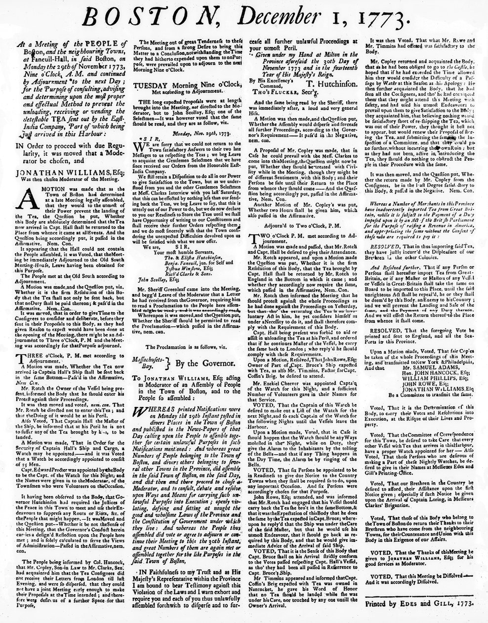 En Broadside-avis, der beskriver begivenhederne under Boston Tea Party, december 1773 (tryk) af American School